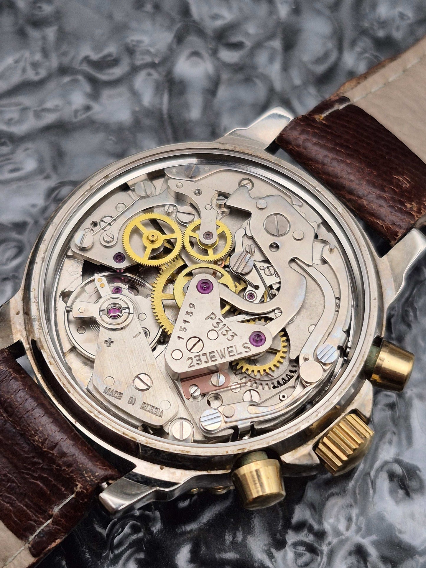 Poljot Two Tone Chronograph Cal. 3133 - Valjoux 7734 Manual Wound - Red Robin Watches