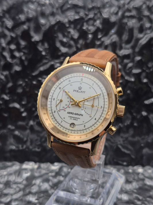 Poljot Aero-Graph Mechanical Chronograph Cal. 3133 - Valjoux 7734 Gold Tone - Red Robin Watches