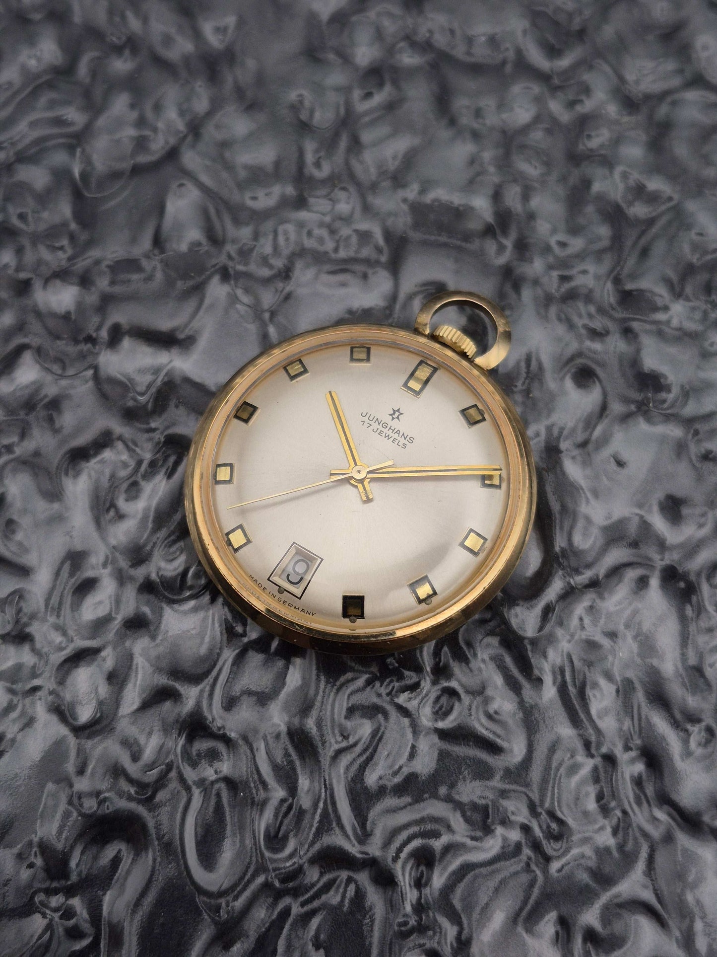 Vintage Junghans Pocket Watch Gold Tone Day Window Manual Wound 17 Jewels