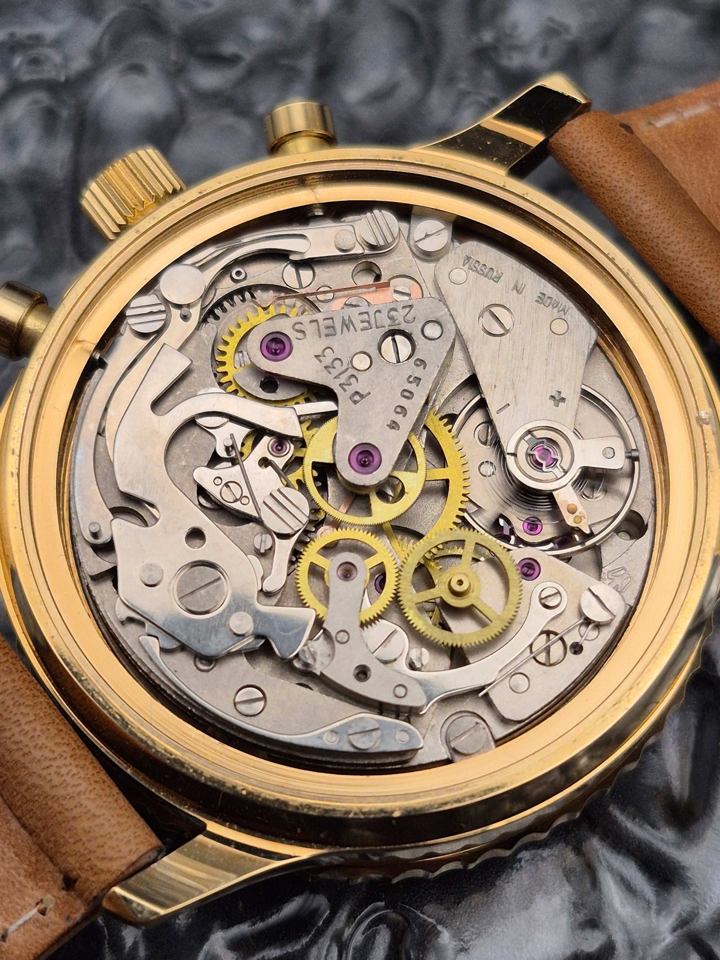 Poljot Aero-Graph Mechanical Chronograph Cal. 3133 - Valjoux 7734 Gold Tone - Red Robin Watches