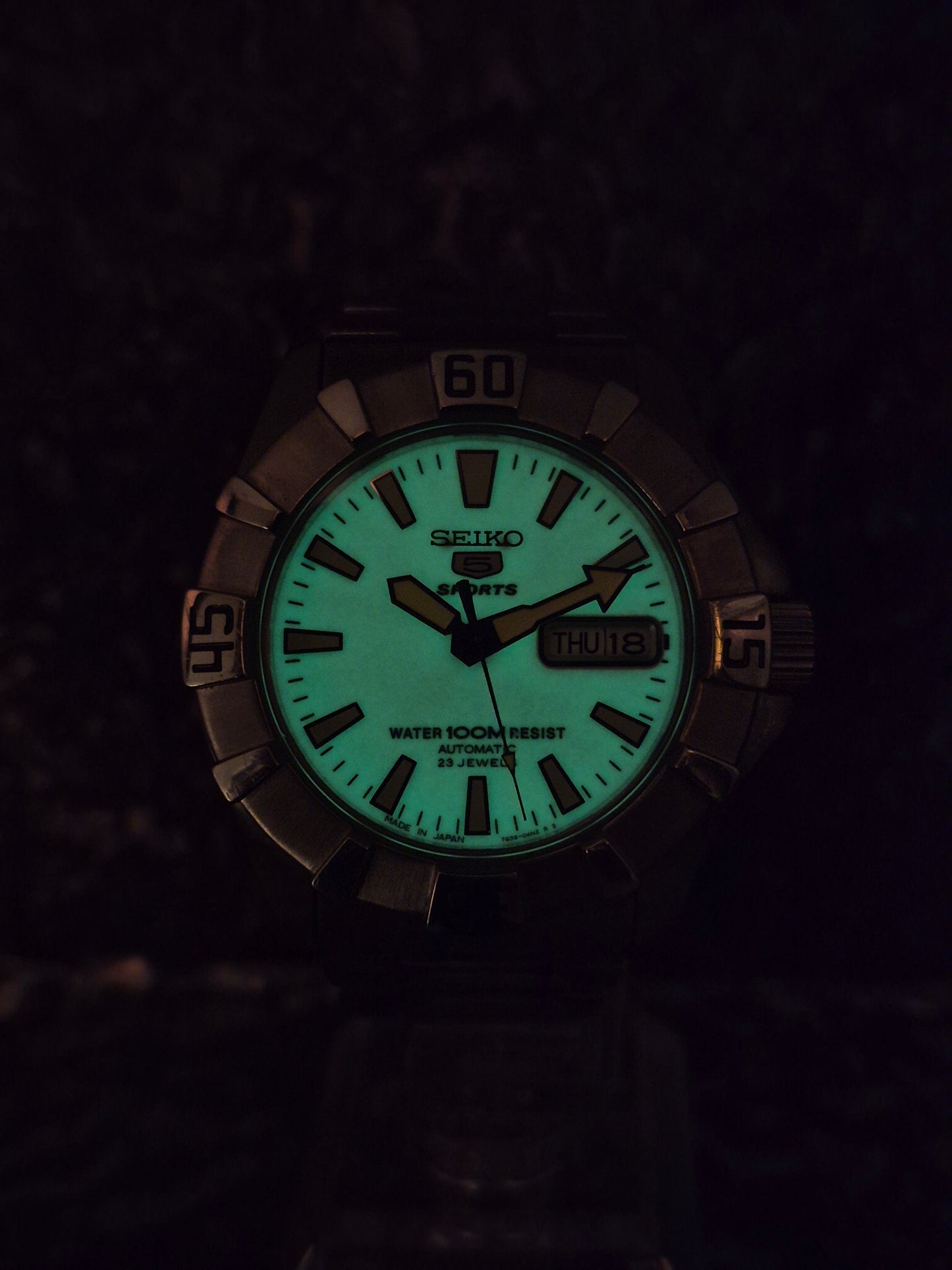 Seiko 5 Sports Full Lume Dial Ref. 7S36-03F0 Automatic Day Date - Red Robin Watches