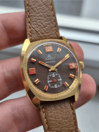 Stunning Marti Mechanical Wound Watch Textured Brown Dial - Red And Gold Markers
