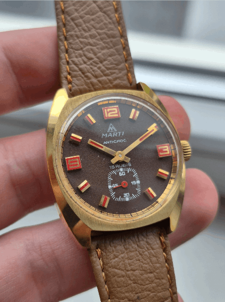 Stunning Marti Mechanical Wound Watch Textured Brown Dial - Red And Gold Markers