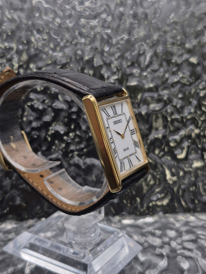 Seiko Solar Tank Ref. V115-0BC0 Gold Tone Roman Numeral Men's - Red Robin Watches