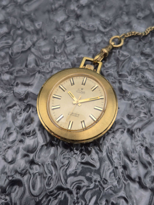 Vintage Stowa Pocket Watch Gold Tone Manual Wound With Chain