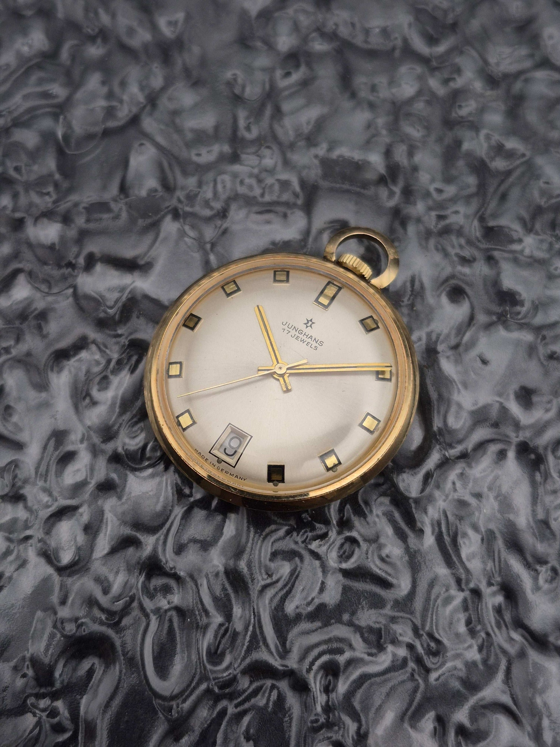 Vintage Junghans Pocket Watch Gold Tone Day Window Manual Wound 17 Jewels