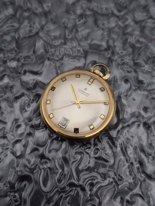 Vintage Junghans Pocket Watch Gold Tone Day Window Manual Wound 17 Jewels
