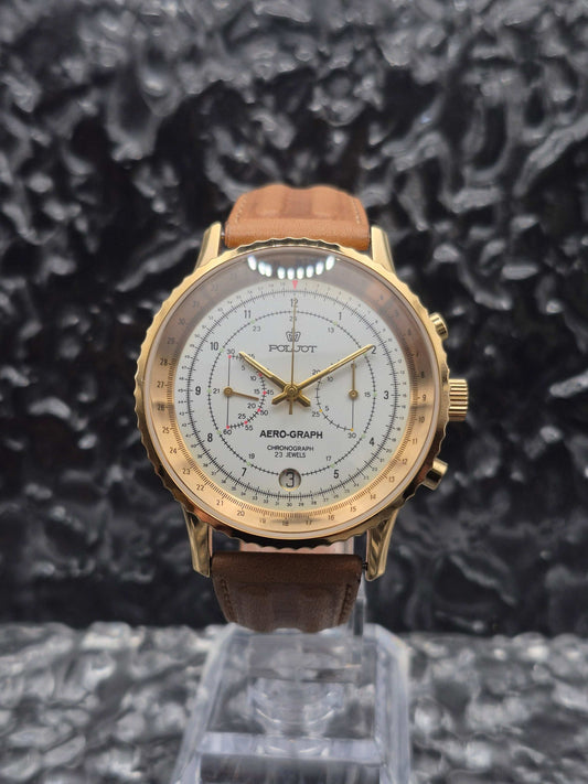 Poljot Aero-Graph Mechanical Chronograph Cal. 3133 - Valjoux 7734 Gold Tone - Red Robin Watches