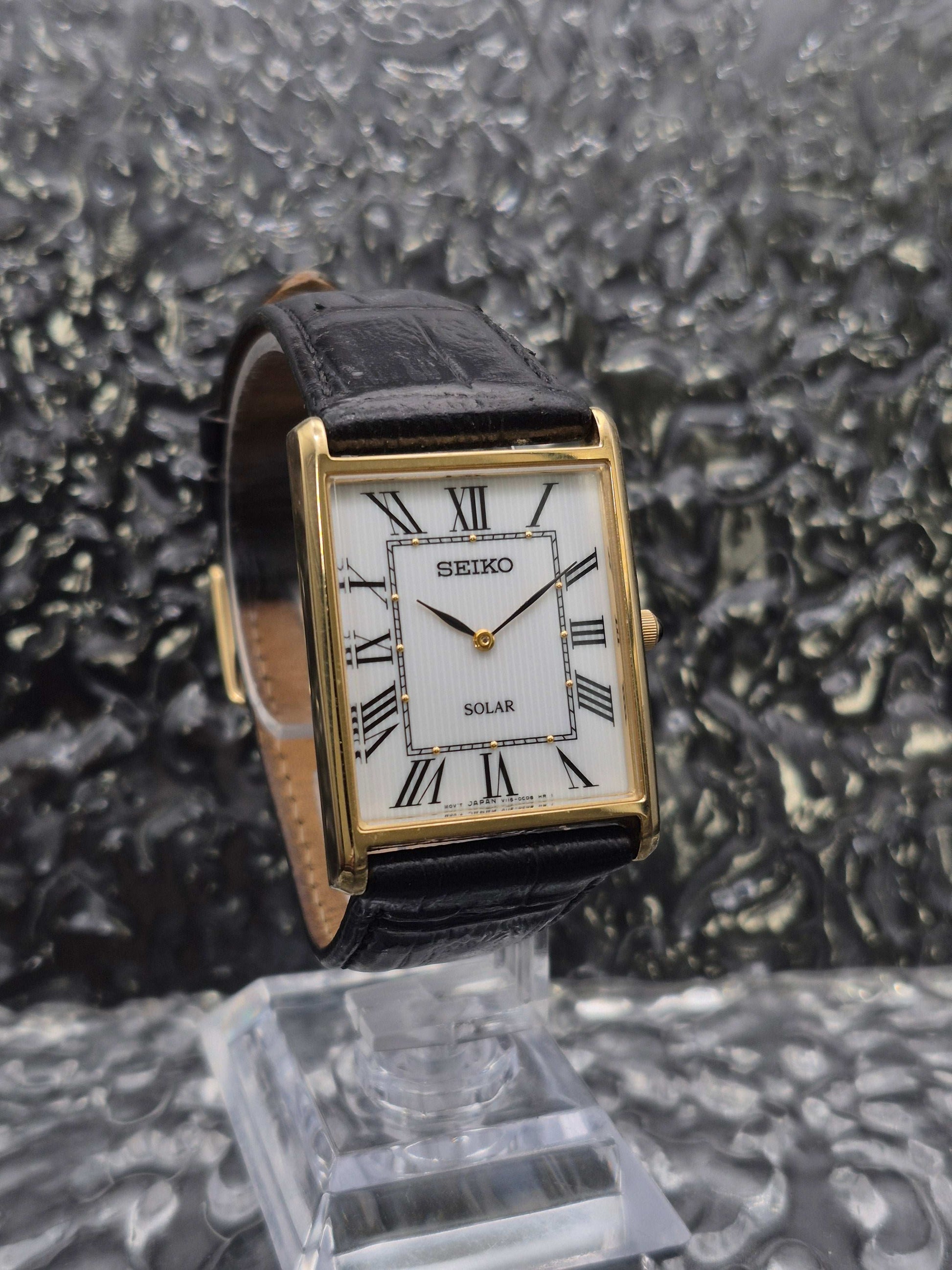 Seiko Solar Tank Ref. V115-0BC0 Gold Tone Roman Numeral Men's - Red Robin Watches