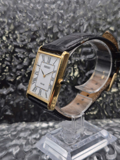 Seiko Solar Tank Ref. V115-0BC0 Gold Tone Roman Numeral Men's - Red Robin Watches