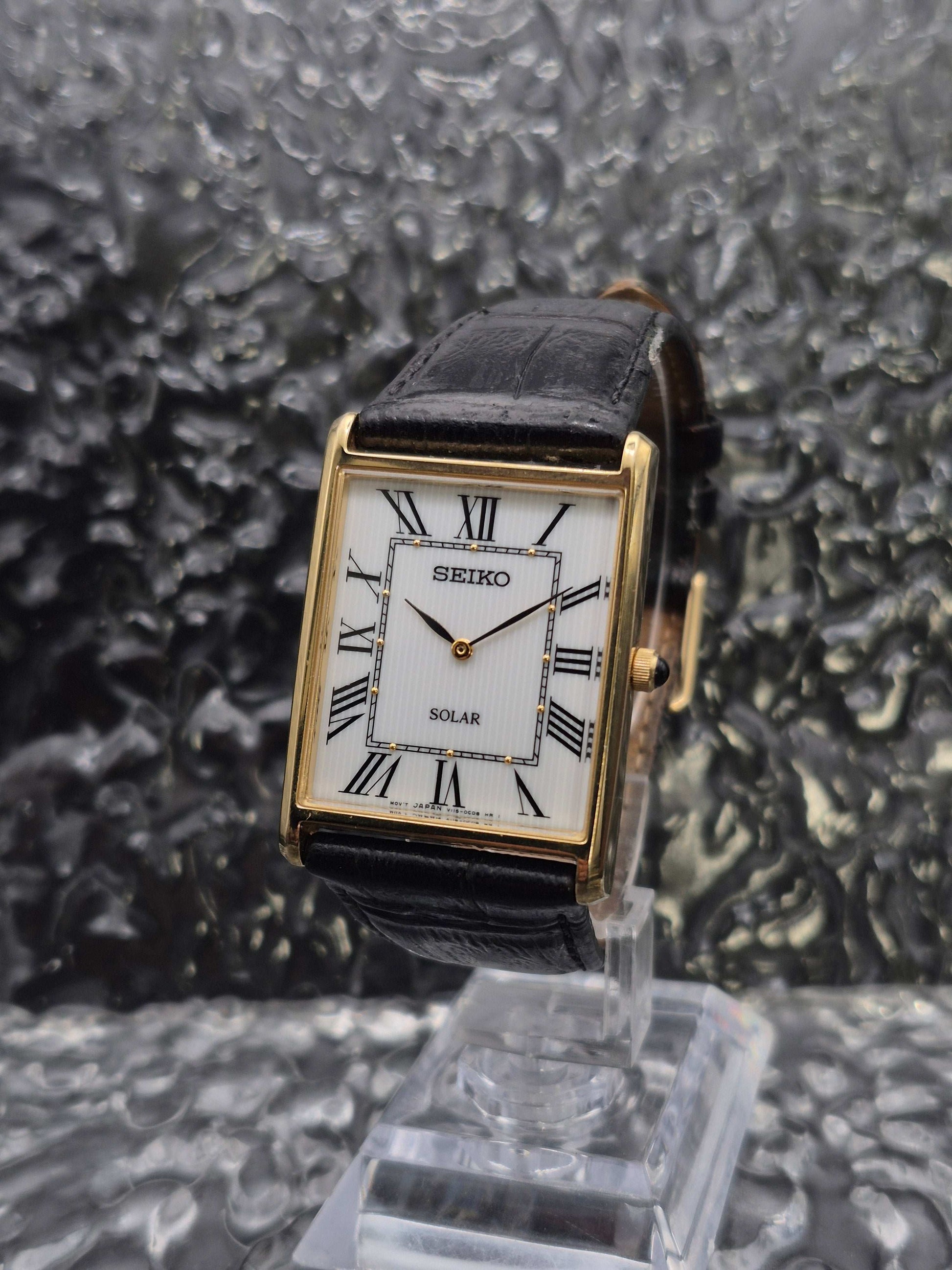 Seiko Solar Tank Ref. V115-0BC0 Gold Tone Roman Numeral Men's - Red Robin Watches